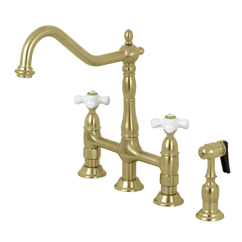 Kingston Brass KS1273PXBS Heritage Bridge Kitchen Faucet with Brass Sprayer