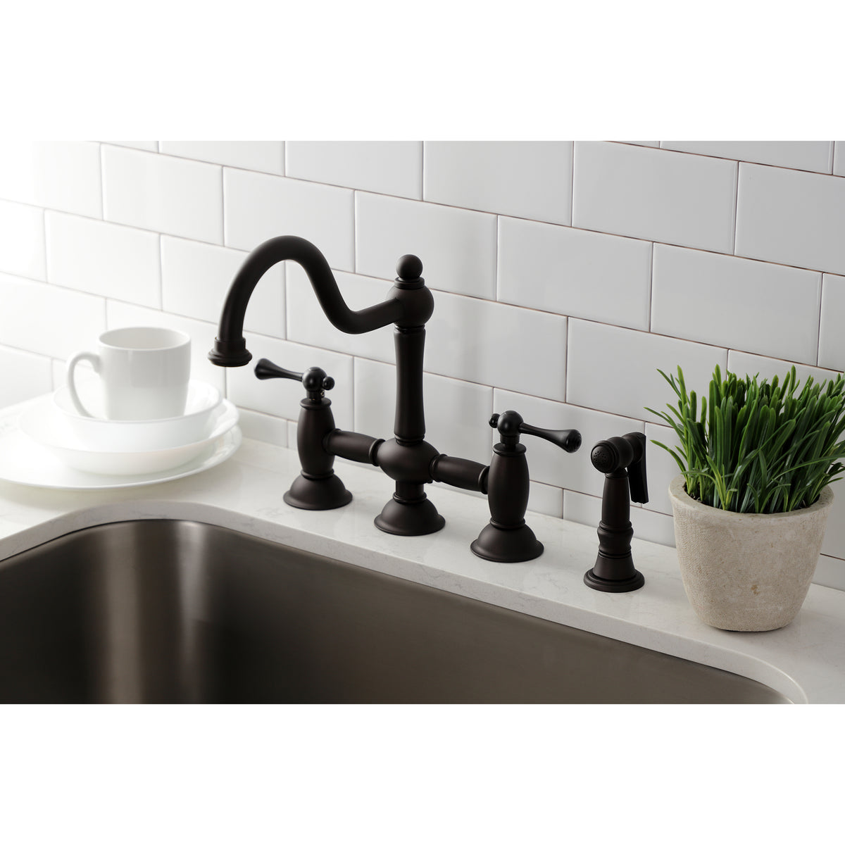 Kingston Brass KS3791BLBS Restoration Bridge Kitchen Faucet with Brass Sprayer