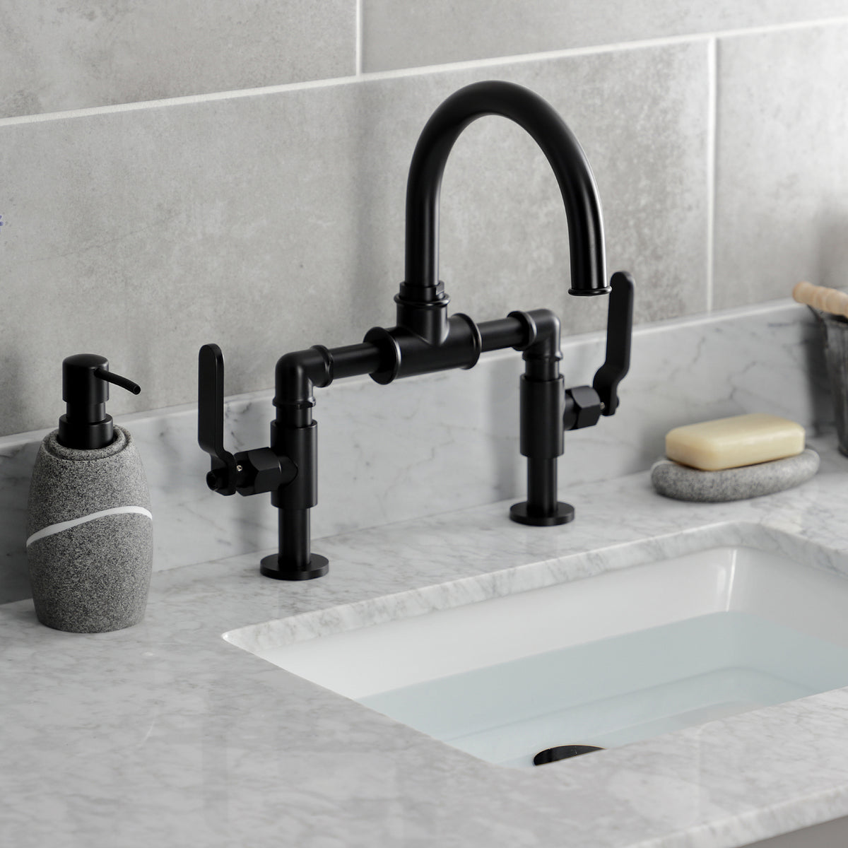 Kingston Brass KS2171KL Whitaker Industrial Style Bridge Bathroom Faucet with Pop-Up Drain