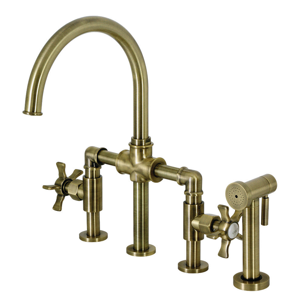 Kingston Brass KS2330NX Hamilton Industrial Style Bridge Kitchen Faucet with Brass Sprayer