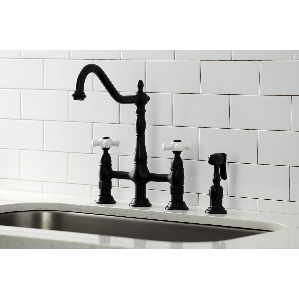Kingston Brass KS1273PXBS Heritage Bridge Kitchen Faucet with Brass Sprayer