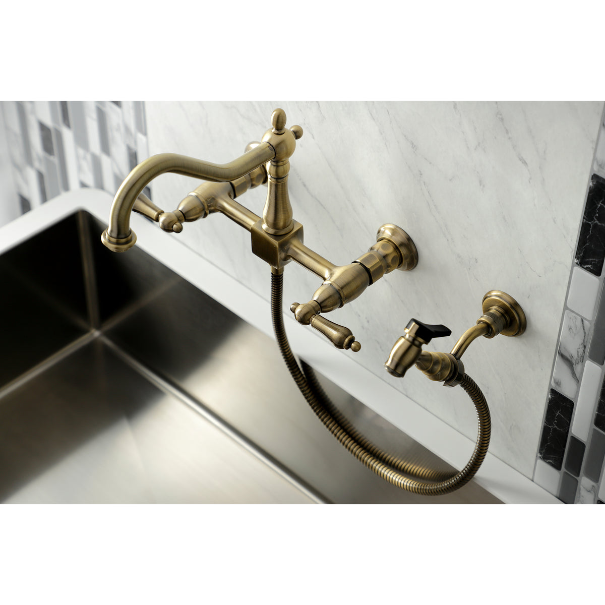 Kingston Brass KS1246ALBS Heritage Wall Mount Bridge Kitchen Faucet with Brass Spray