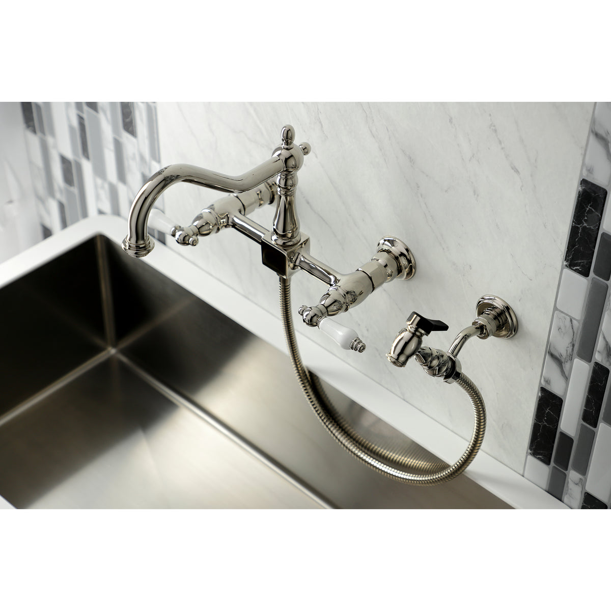 Kingston Brass KS1243PLBS Heritage Wall Mount Bridge Kitchen Faucet with Brass Spray