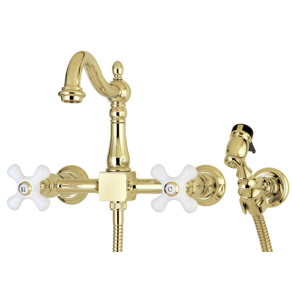 Kingston Brass KS1261PXBS Heritage Wall Mount Bridge Kitchen Faucet with Brass Sprayer