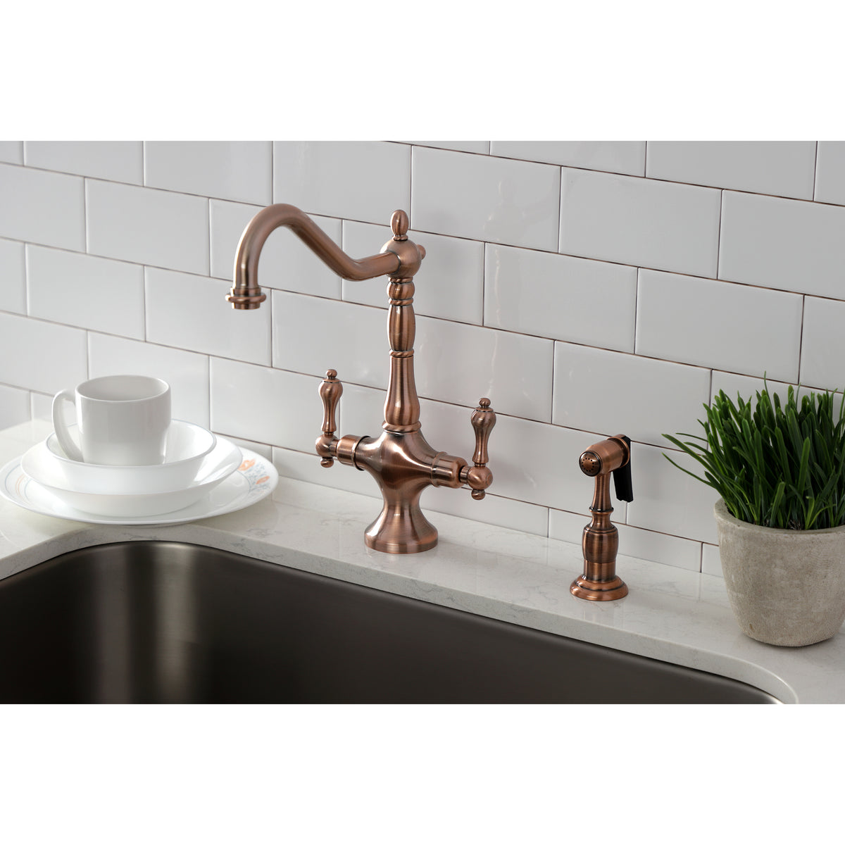 Kingston Brass KS1778ALBS Heritage 2-Handle Kitchen Faucet with Brass Sprayer