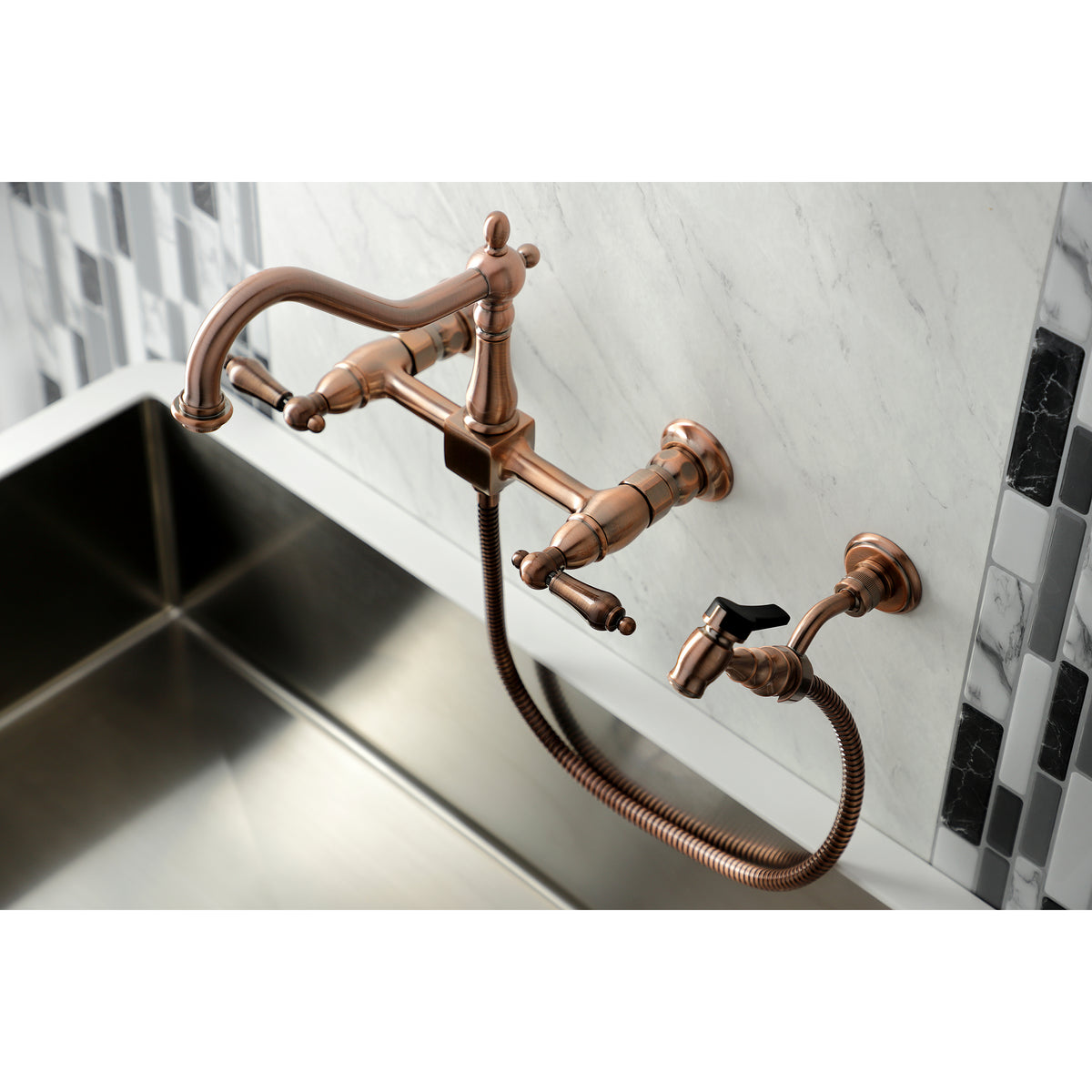 Kingston Brass KS1246ALBS Heritage Wall Mount Bridge Kitchen Faucet with Brass Spray