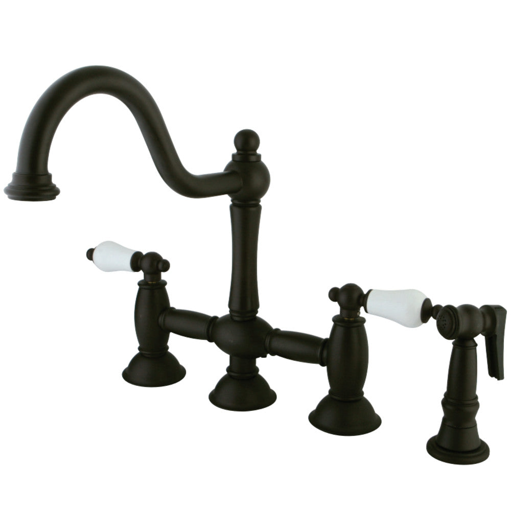 Kingston Brass KS3791PLBS Restoration Bridge Kitchen Faucet with Brass Sprayer