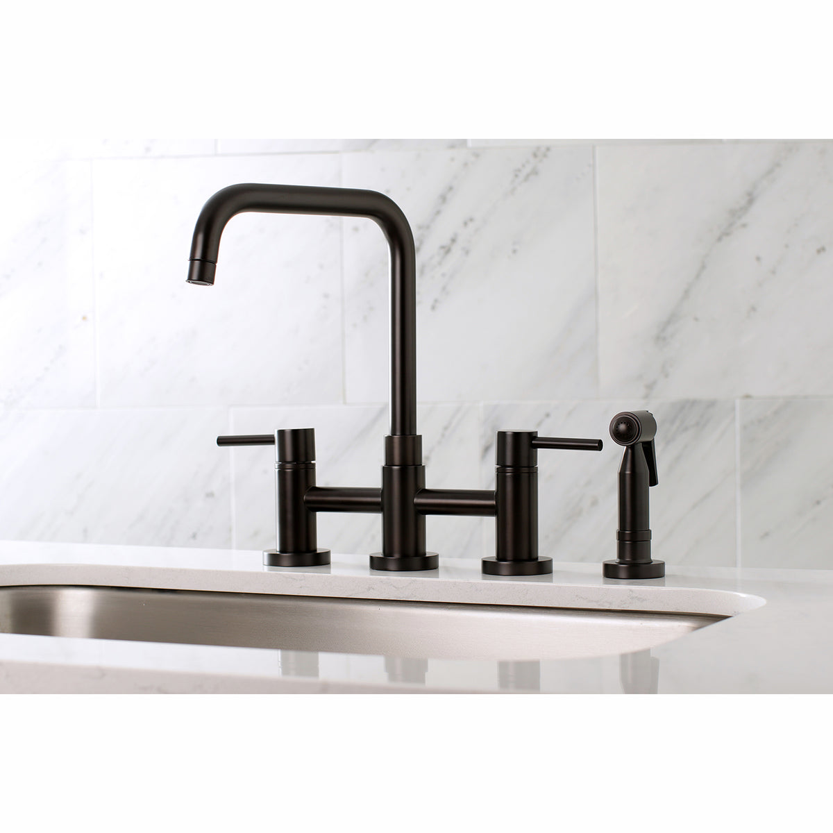 Kingston Brass KS8287DLBS Concord Two-Handle Bridge Kitchen Faucet with Brass Sprayer
