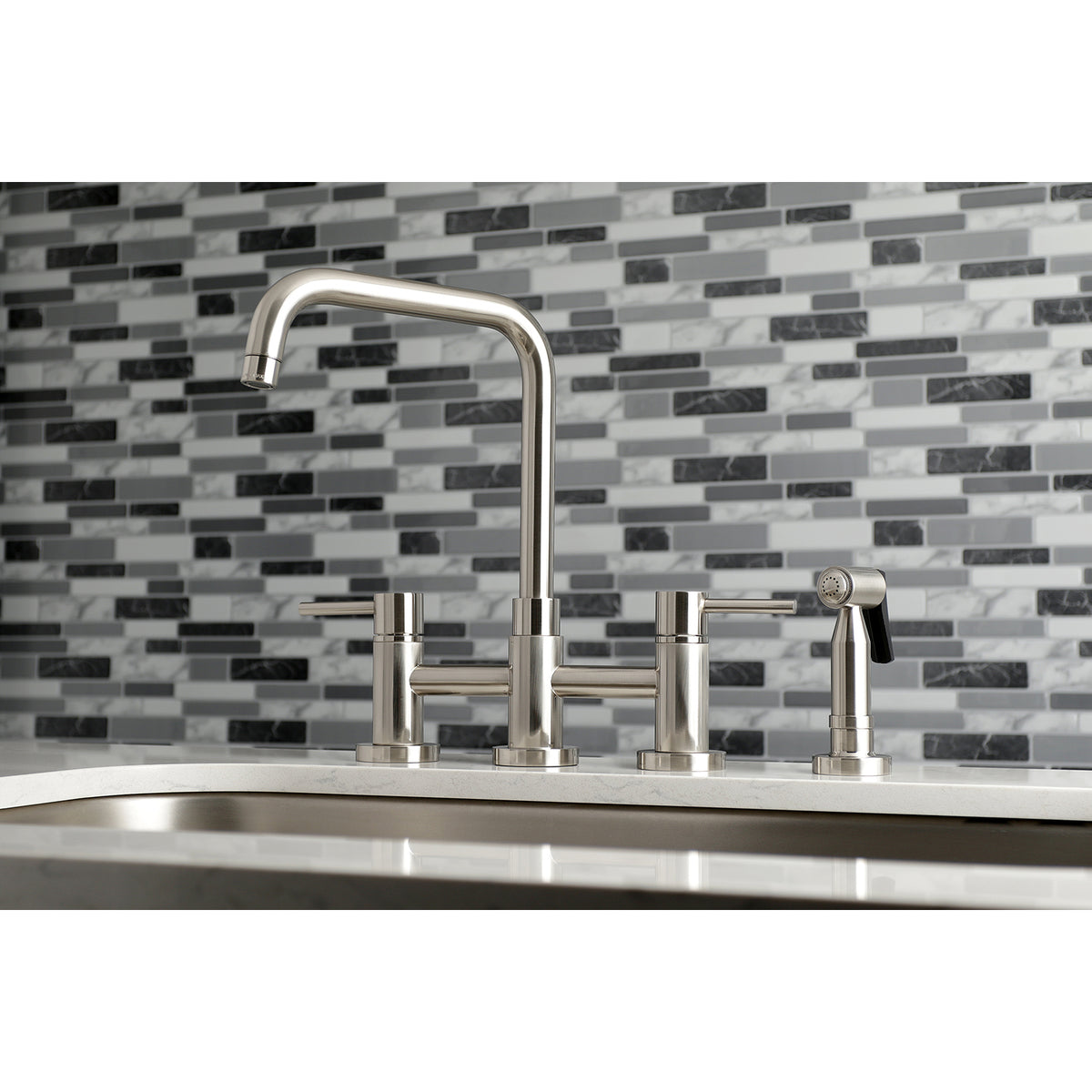 Kingston Brass KS8287DLBS Concord Two-Handle Bridge Kitchen Faucet with Brass Sprayer