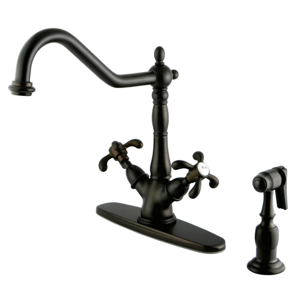 Kingston Brass KS1238TXBS French Country Mono Deck Mount Kitchen Faucet with Brass Sprayer