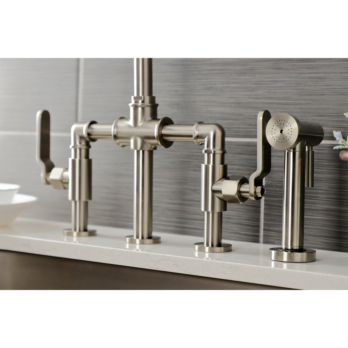 Kingston Brass KS2330KL Whitaker Industrial Style Bridge Kitchen Faucet with Brass Sprayer