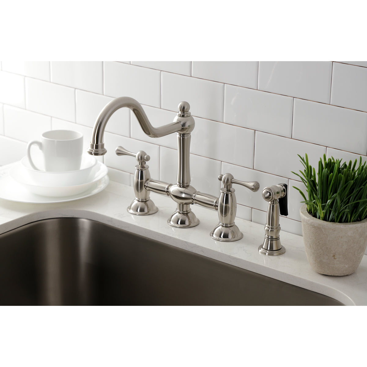 Kingston Brass KS3791BLBS Restoration Bridge Kitchen Faucet with Brass Sprayer