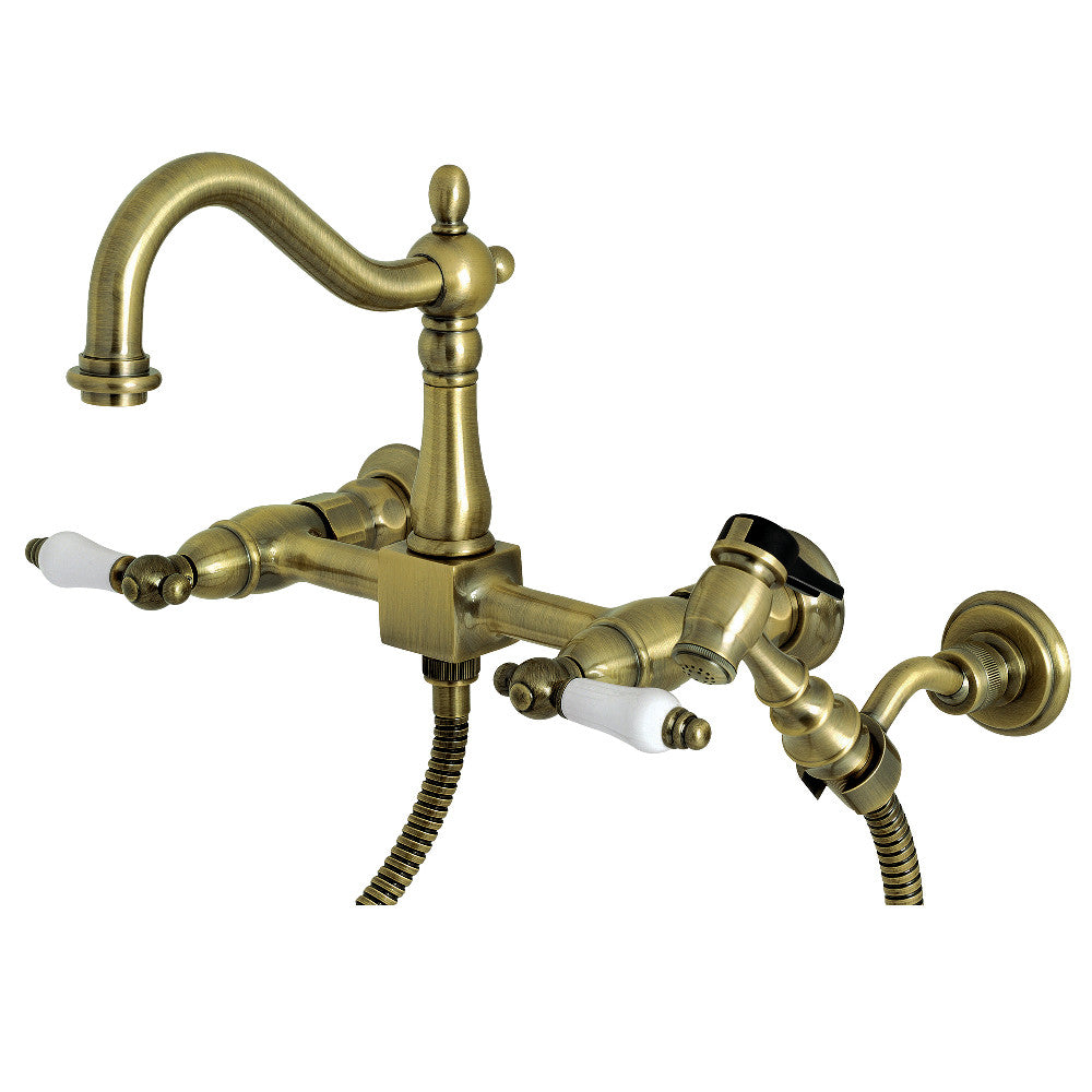 Kingston Brass KS1260PLBS Heritage Wall Mount Bridge Kitchen Faucet with Brass Sprayer