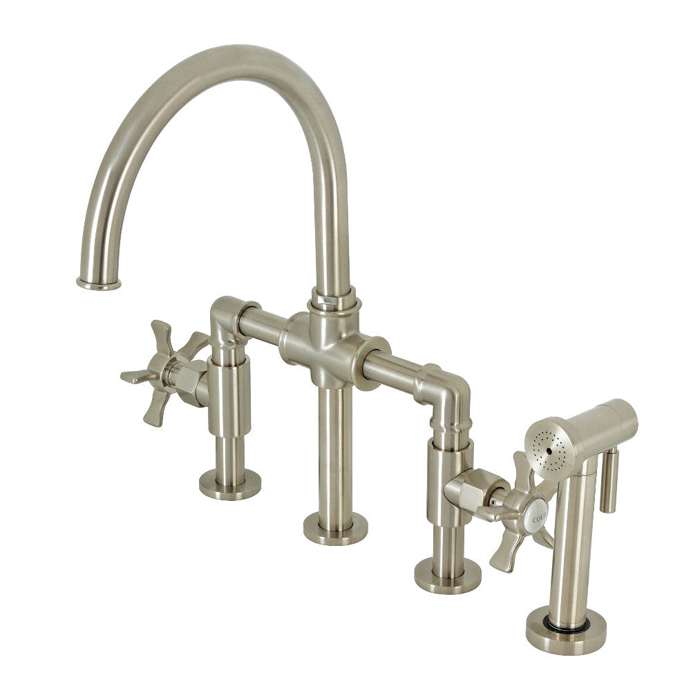 Kingston Brass KS2330NX Hamilton Industrial Style Bridge Kitchen Faucet with Brass Sprayer