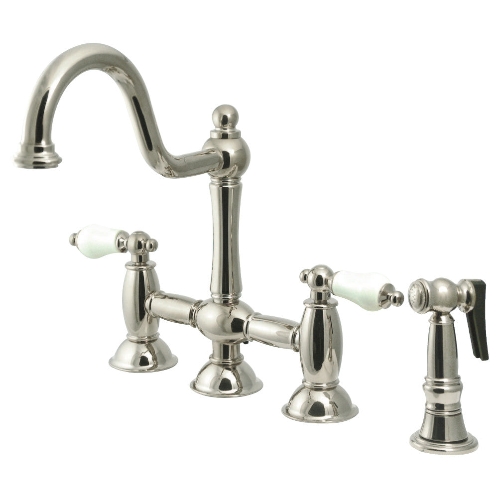 Kingston Brass KS3791PLBS Restoration Bridge Kitchen Faucet with Brass Sprayer