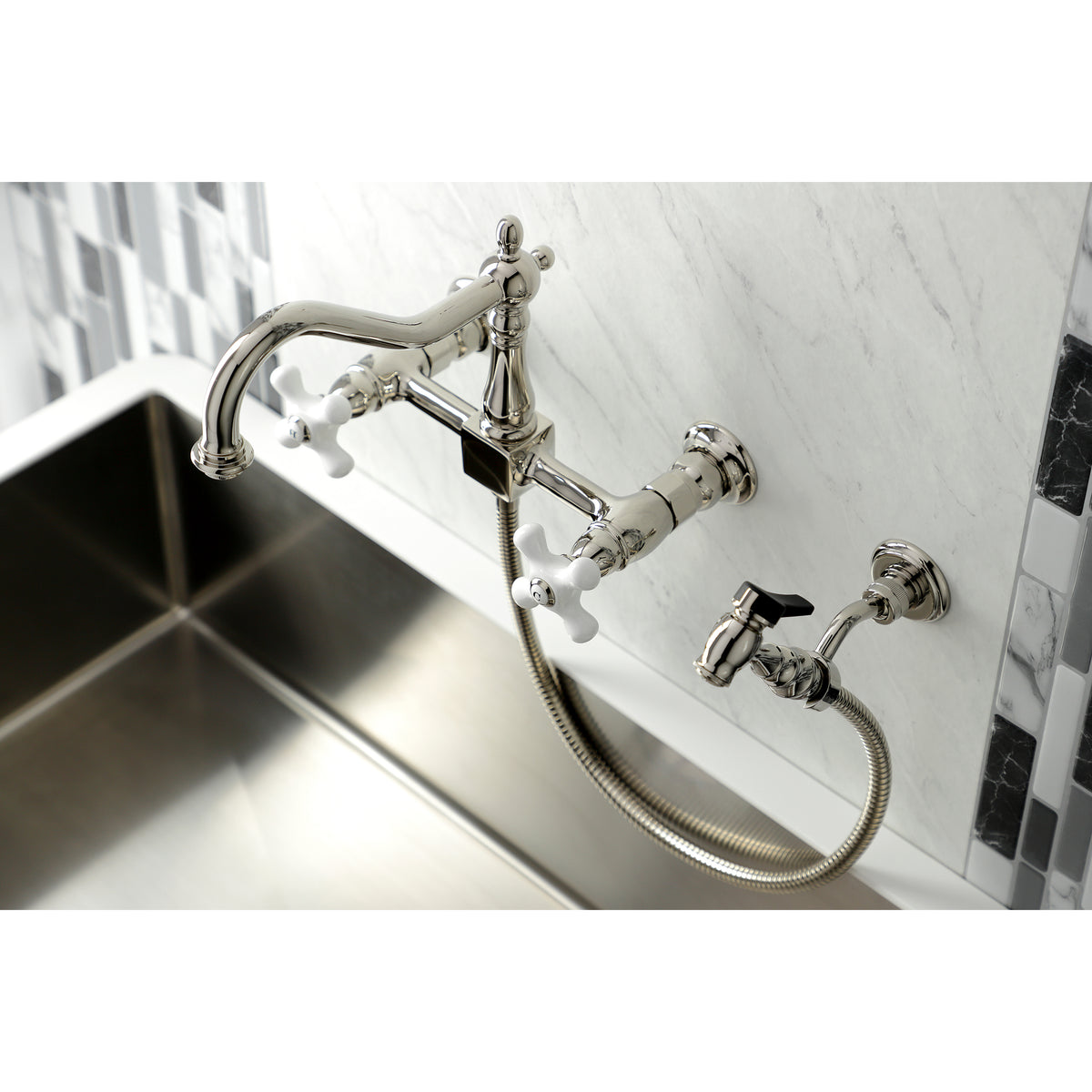 Kingston Brass KS1242PXBS Heritage Wall Mount Bridge Kitchen Faucet with Brass Spray