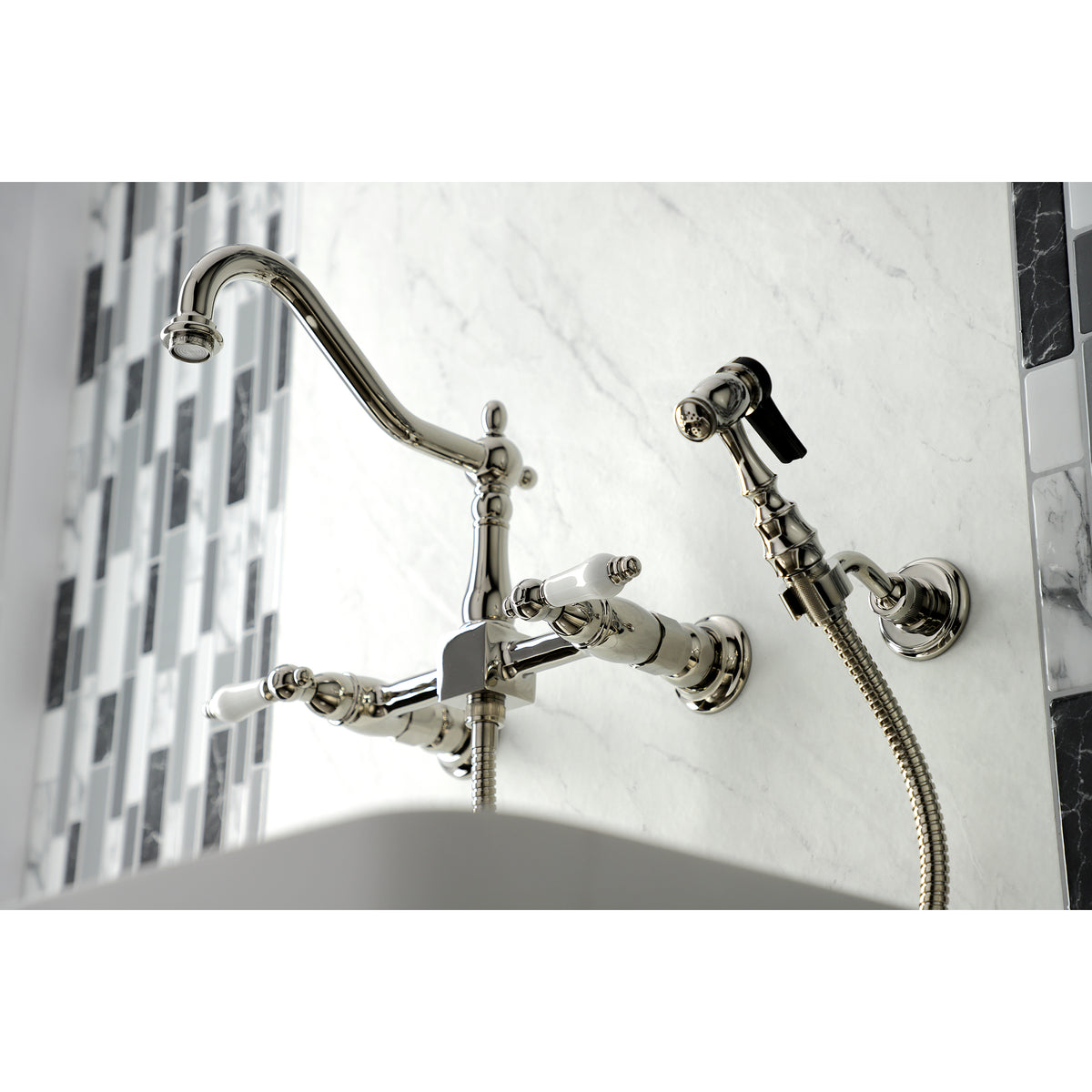 Kingston Brass KS1243PLBS Heritage Wall Mount Bridge Kitchen Faucet with Brass Spray