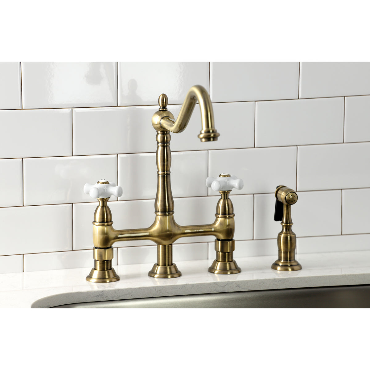 Kingston Brass KS1273PXBS Heritage Bridge Kitchen Faucet with Brass Sprayer