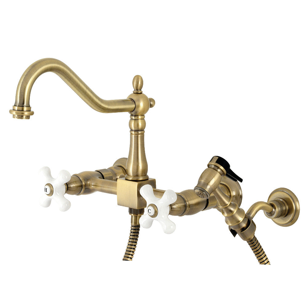 Kingston Brass KS1242PXBS Heritage Wall Mount Bridge Kitchen Faucet with Brass Spray