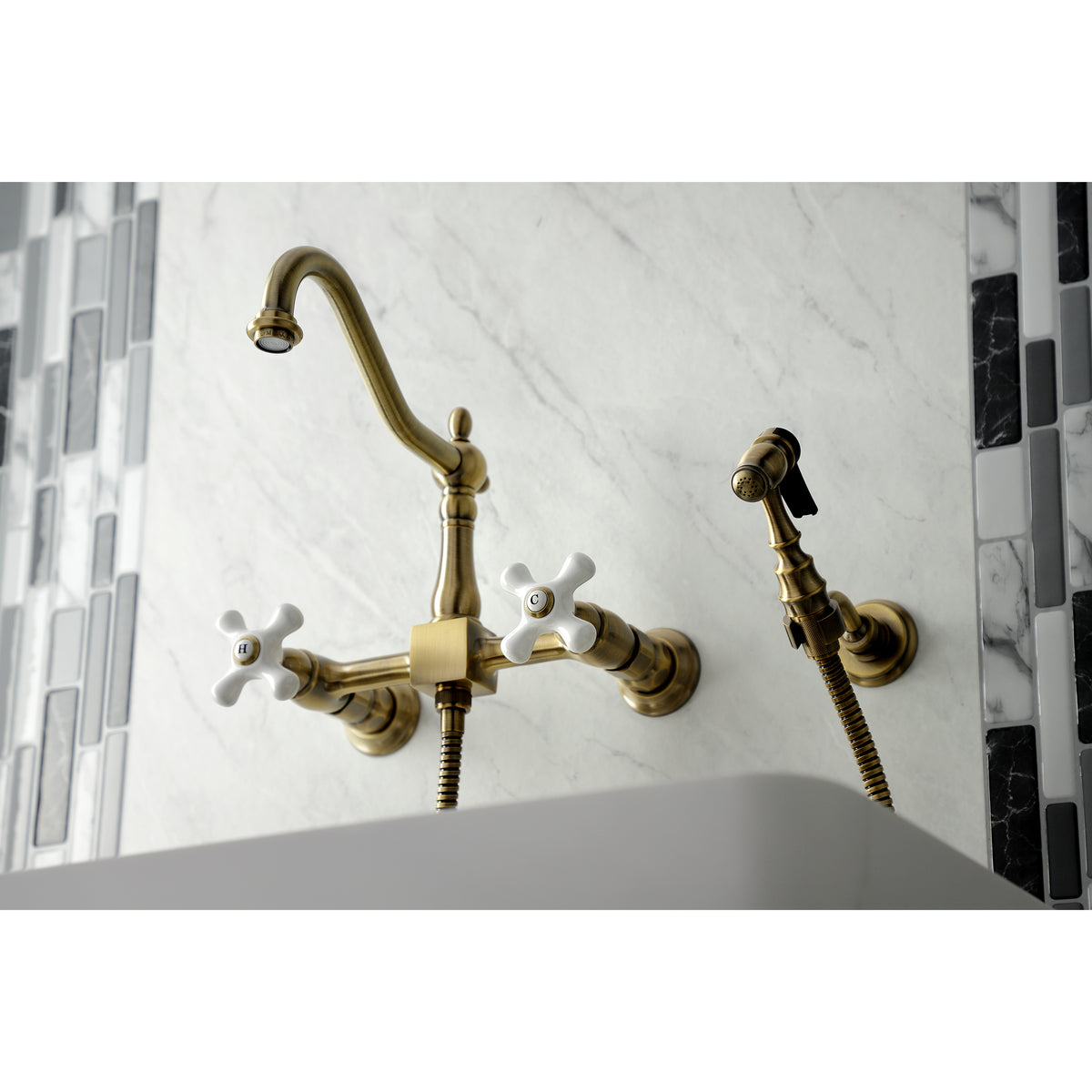 Kingston Brass KS1242PXBS Heritage Wall Mount Bridge Kitchen Faucet with Brass Spray
