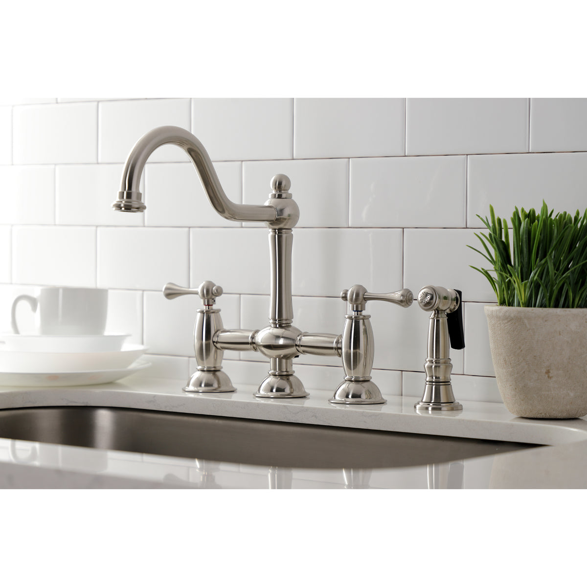 Kingston Brass KS3791BLBS Restoration Bridge Kitchen Faucet with Brass Sprayer