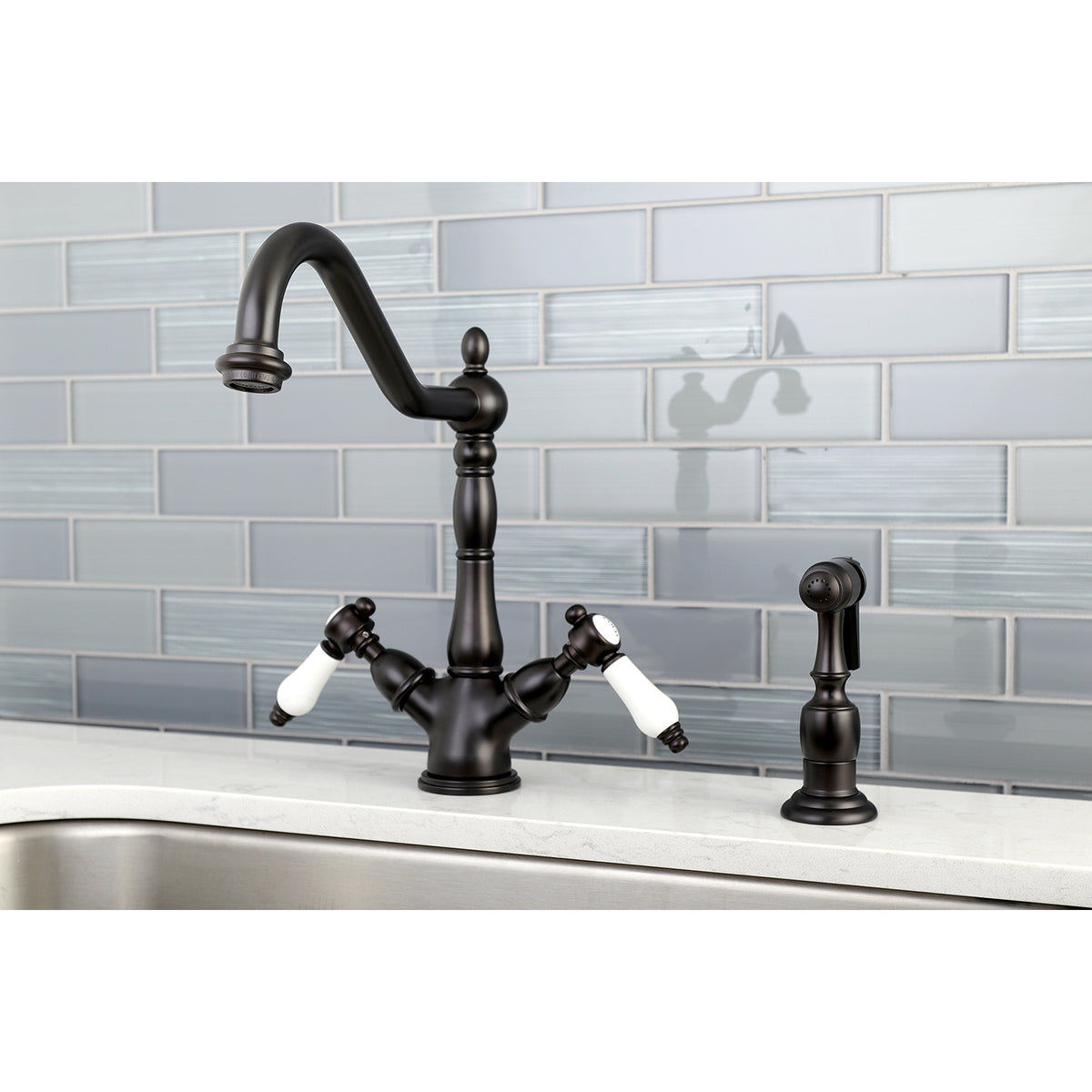 Kingston Brass KS1235BPLBS Mono Deck Mount Kitchen Faucet with Brass Sprayer