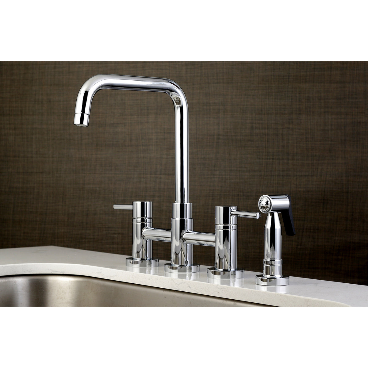 Kingston Brass KS8287DLBS Concord Two-Handle Bridge Kitchen Faucet with Brass Sprayer