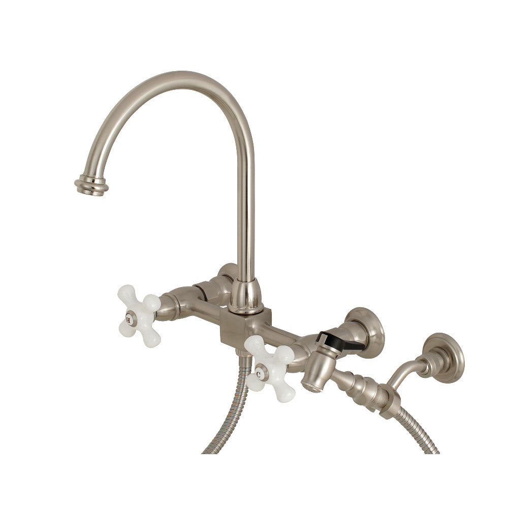 Kingston Brass KS1292PXBS Restoration Wall Mount Bridge Kitchen Faucet with Brass Sprayer
