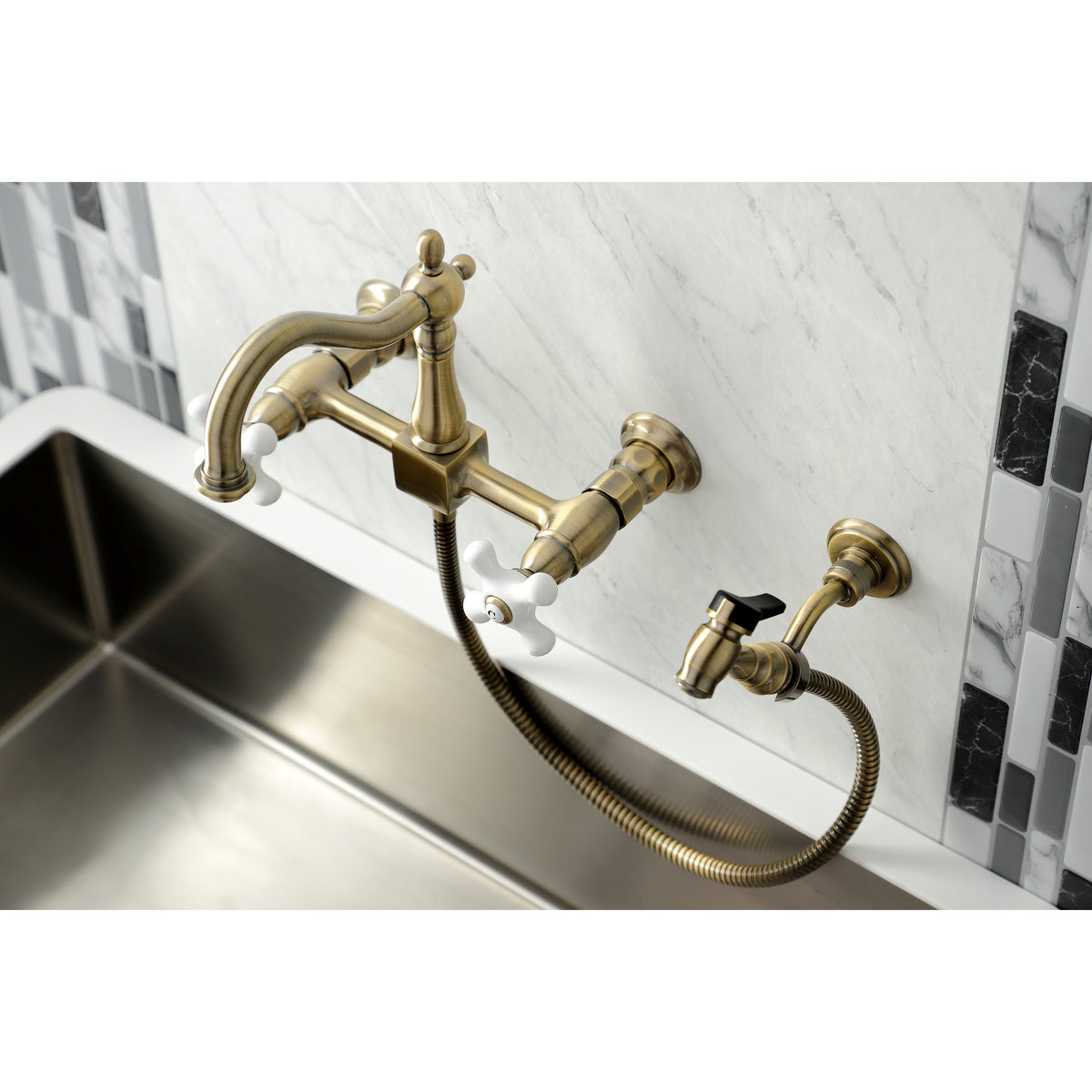 Kingston Brass KS1261PXBS Heritage Wall Mount Bridge Kitchen Faucet with Brass Sprayer