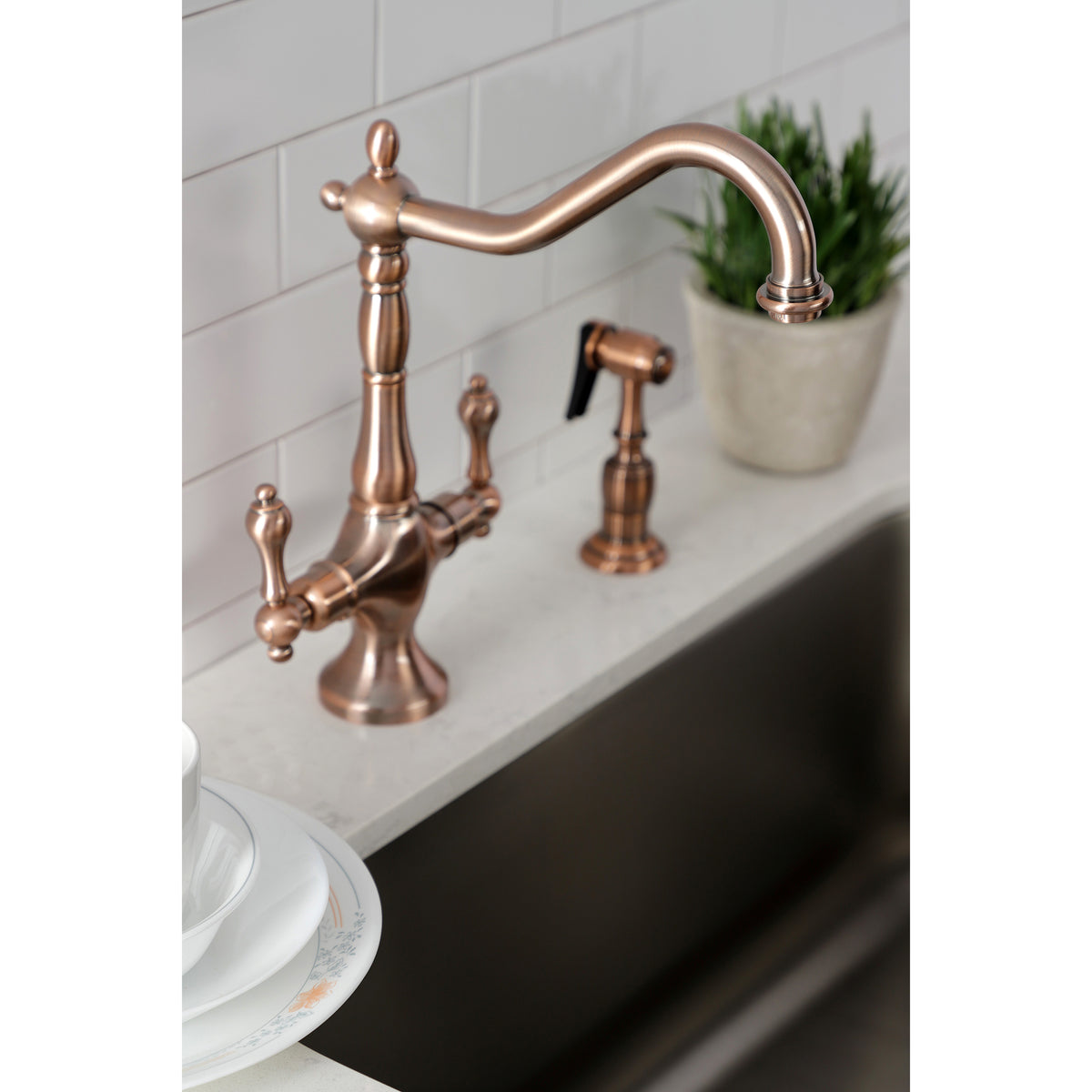 Kingston Brass KS1778ALBS Heritage 2-Handle Kitchen Faucet with Brass Sprayer