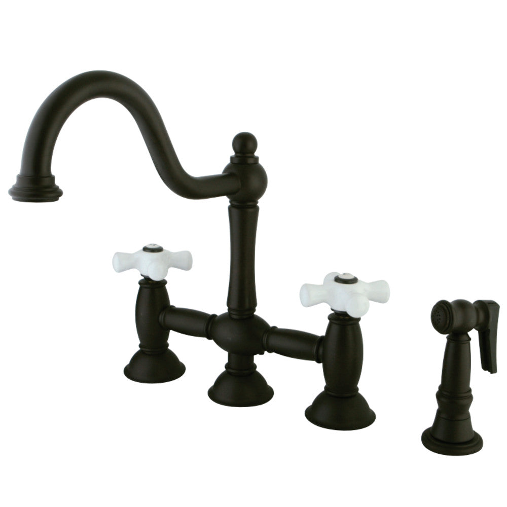 Kingston Brass KS3798PXBS Restoration Bridge Kitchen Faucet with Brass Sprayer