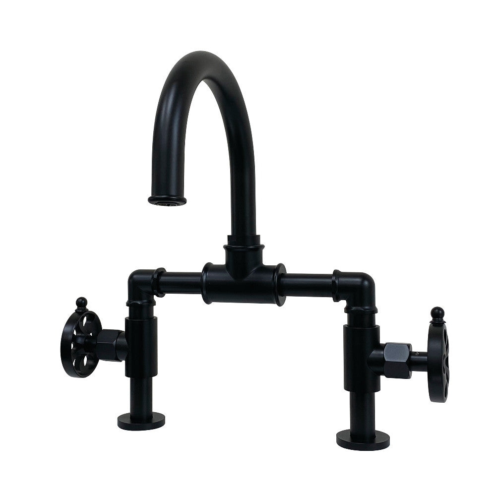 Kingston Brass KS217RXVN Belknap Industrial Style Wheel Handle Bridge Bathroom Faucet with Pop-Up Drain
