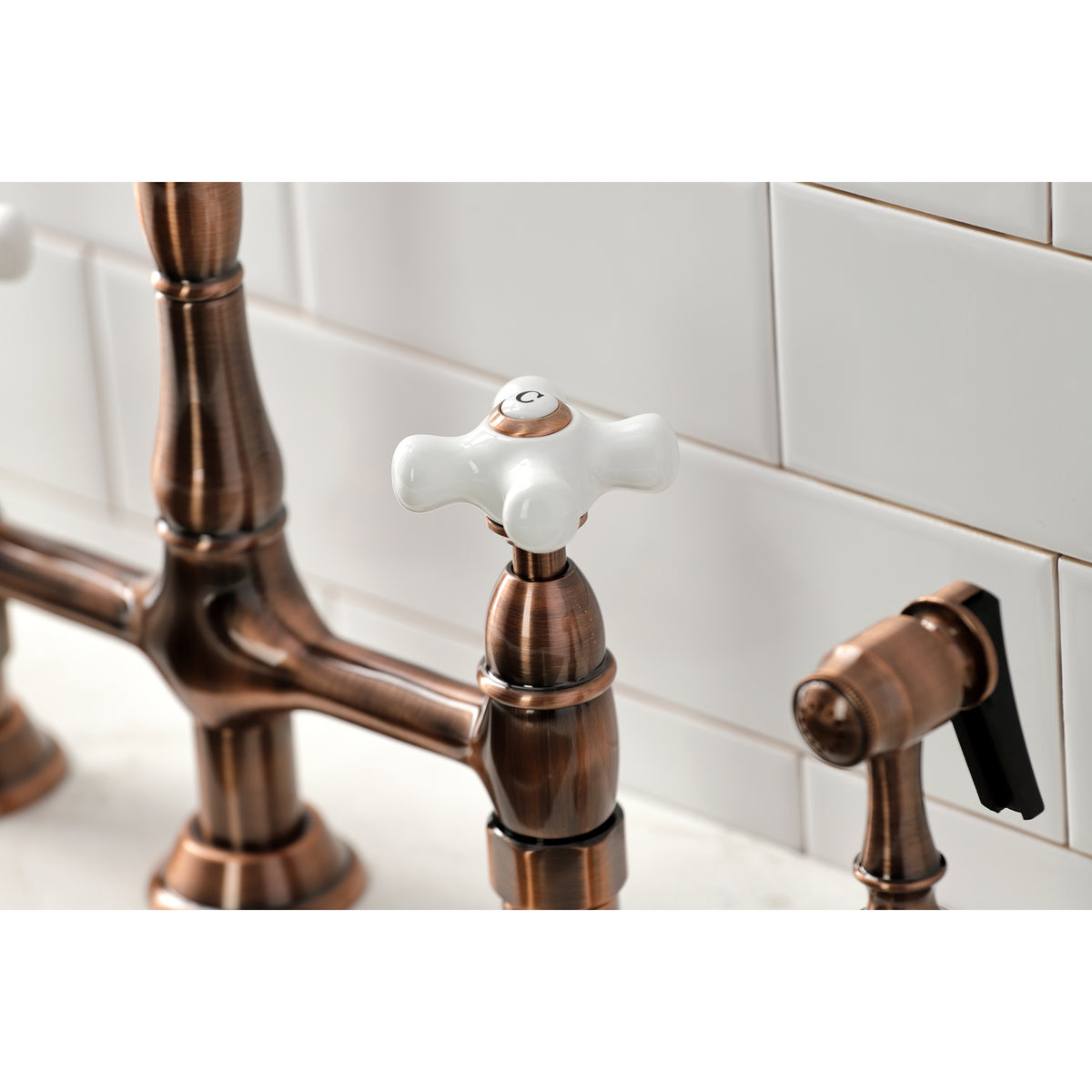 Kingston Brass KS1273PXBS Heritage Bridge Kitchen Faucet with Brass Sprayer