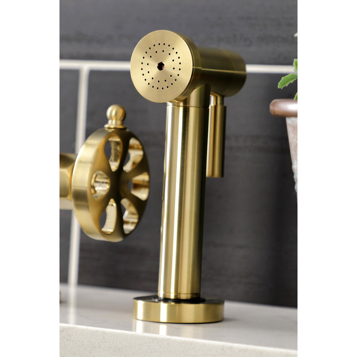 Kingston Brass KS2330RX Belknap Industrial Style Bridge Kitchen Faucet with Brass Sprayer