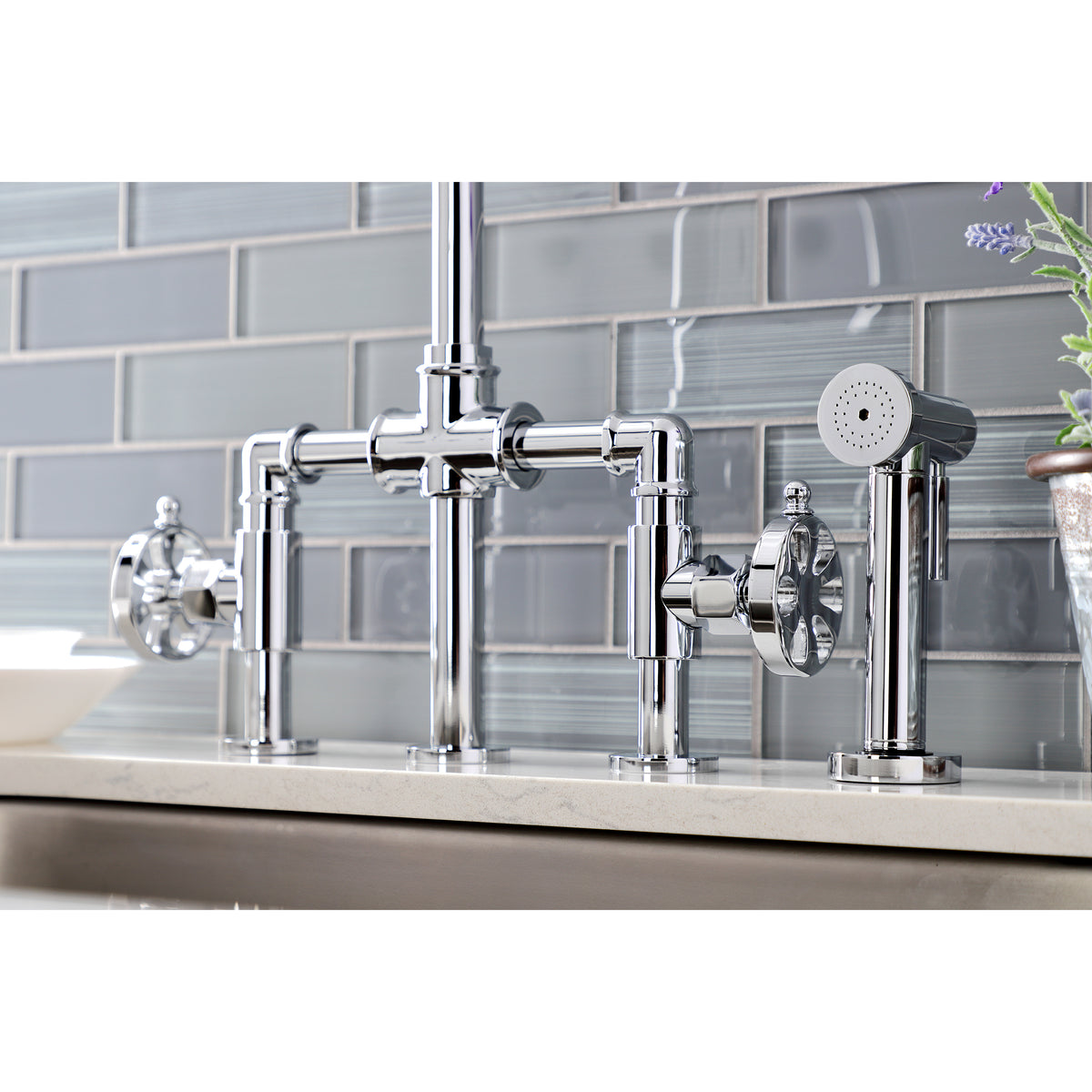 Kingston Brass KS2330RX Belknap Industrial Style Bridge Kitchen Faucet with Brass Sprayer