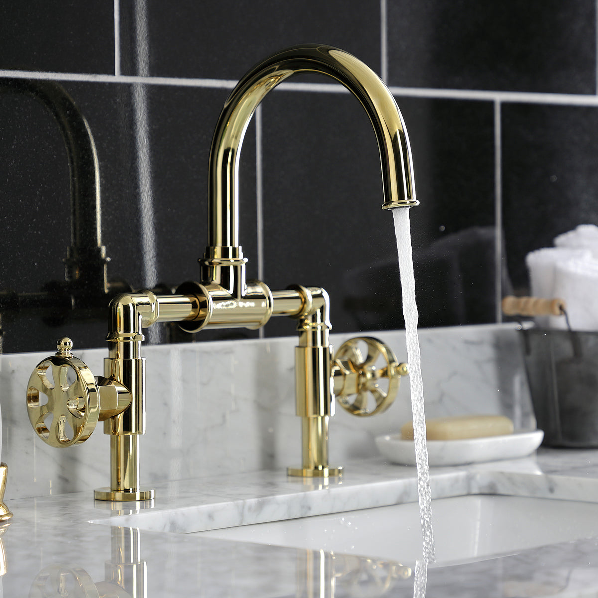 Kingston Brass KS217RXVN Belknap Industrial Style Wheel Handle Bridge Bathroom Faucet with Pop-Up Drain