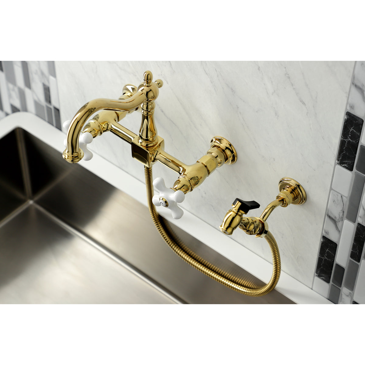 Kingston Brass KS1261PXBS Heritage Wall Mount Bridge Kitchen Faucet with Brass Sprayer