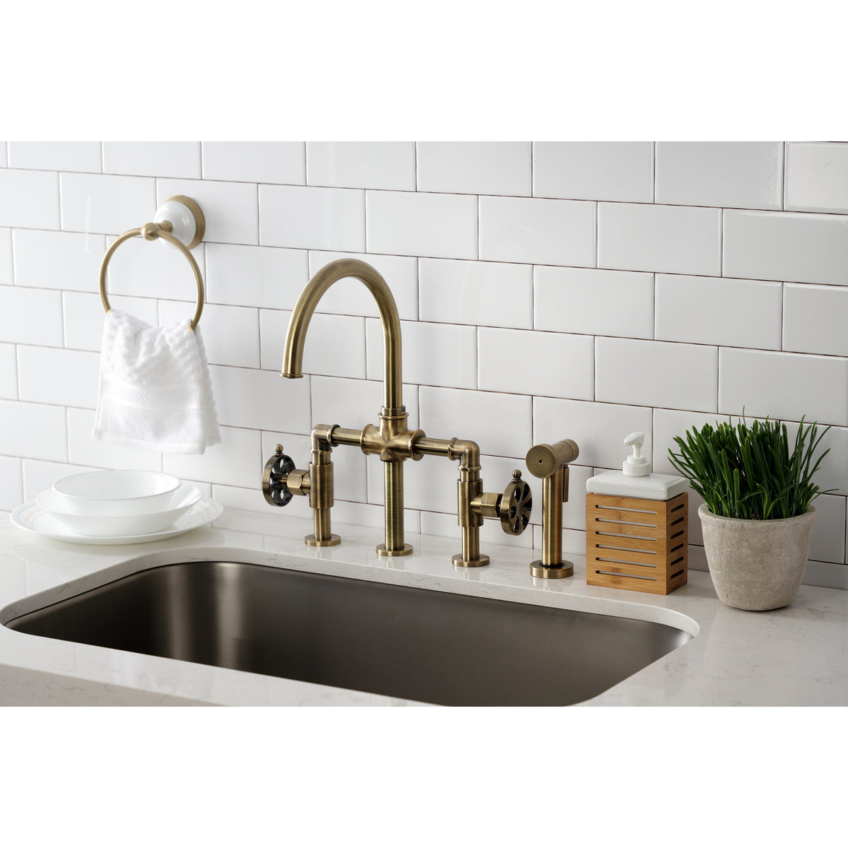 Kingston Brass KS2330RX Belknap Industrial Style Bridge Kitchen Faucet with Brass Sprayer