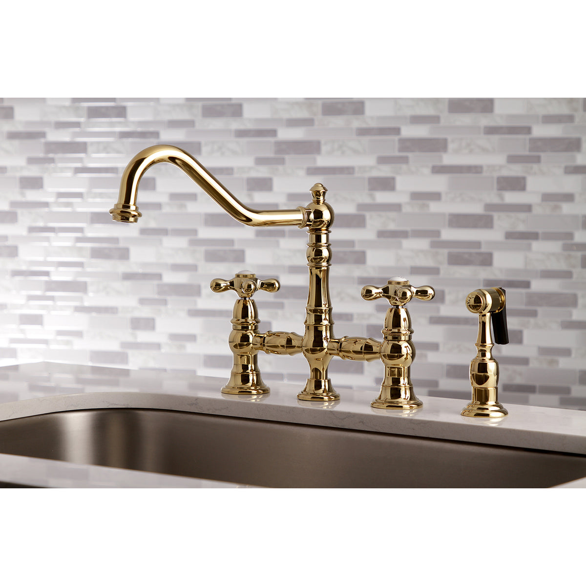 Kingston Brass KS3276AXBS Restoration 8&quot; Bridge Kitchen Faucet with Sprayer