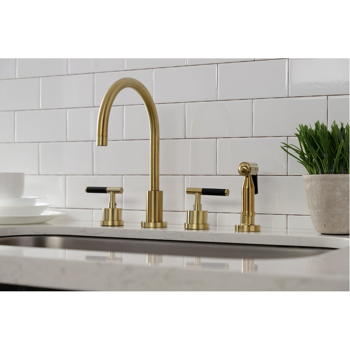 Kingston Brass KS8728CKLBS Kaiser Widespread Kitchen Faucet with Brass Sprayer