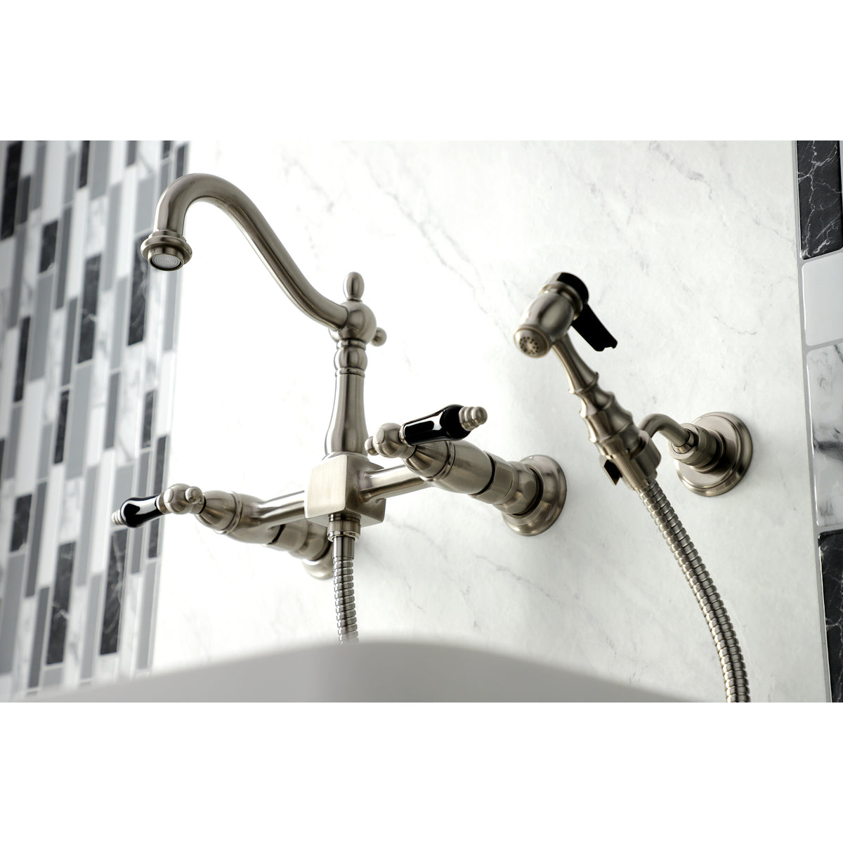 Kingston Brass KS1262PKLBS Duchess Wall Mount Bridge Kitchen Faucet with Brass Sprayer