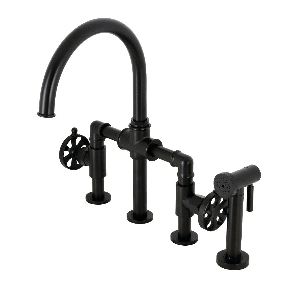 Kingston Brass KS2330RX Belknap Industrial Style Bridge Kitchen Faucet with Brass Sprayer
