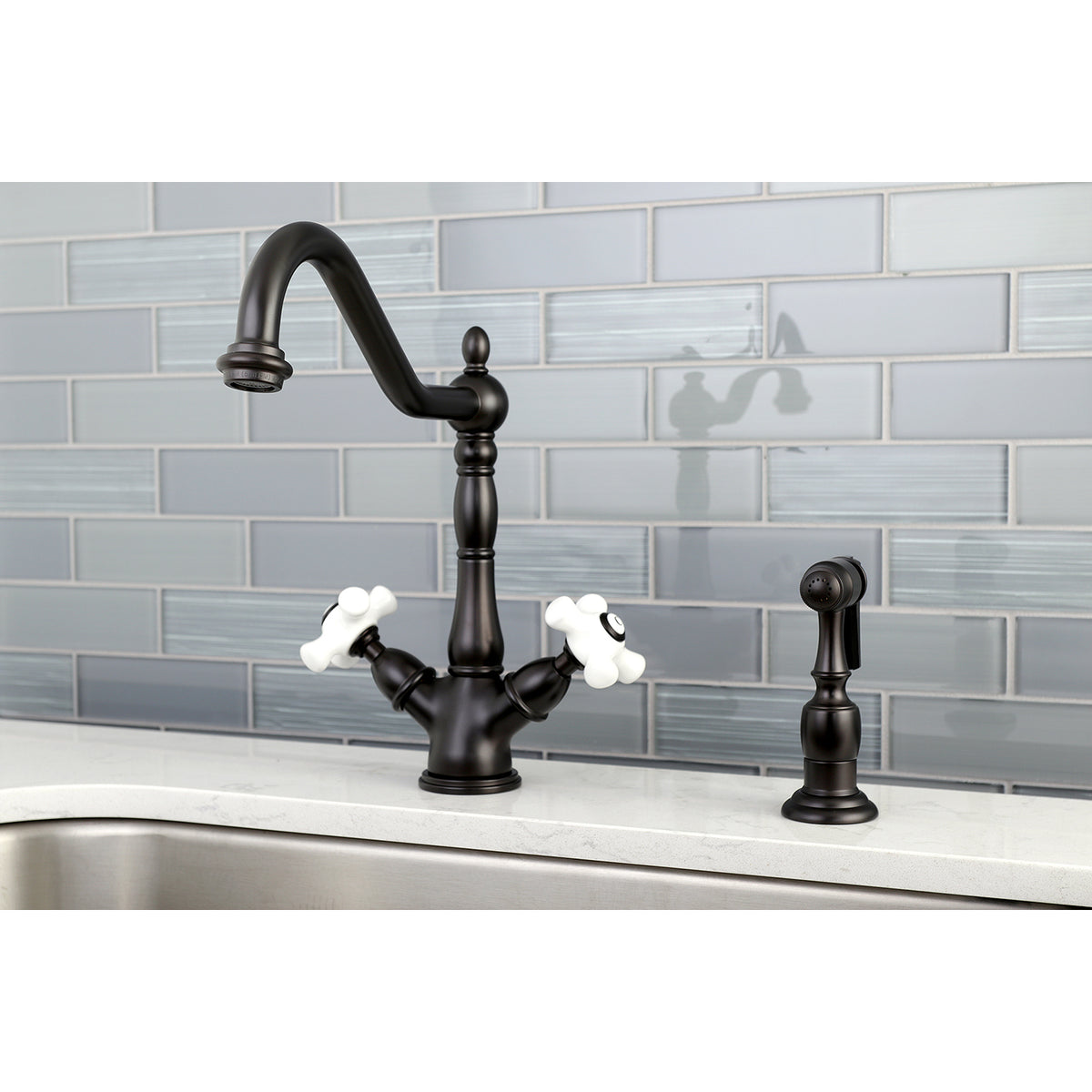 Kingston Brass KS1231PXBS Heritage 2-Handle Kitchen Faucet with Brass Sprayer and 8-Inch Plate