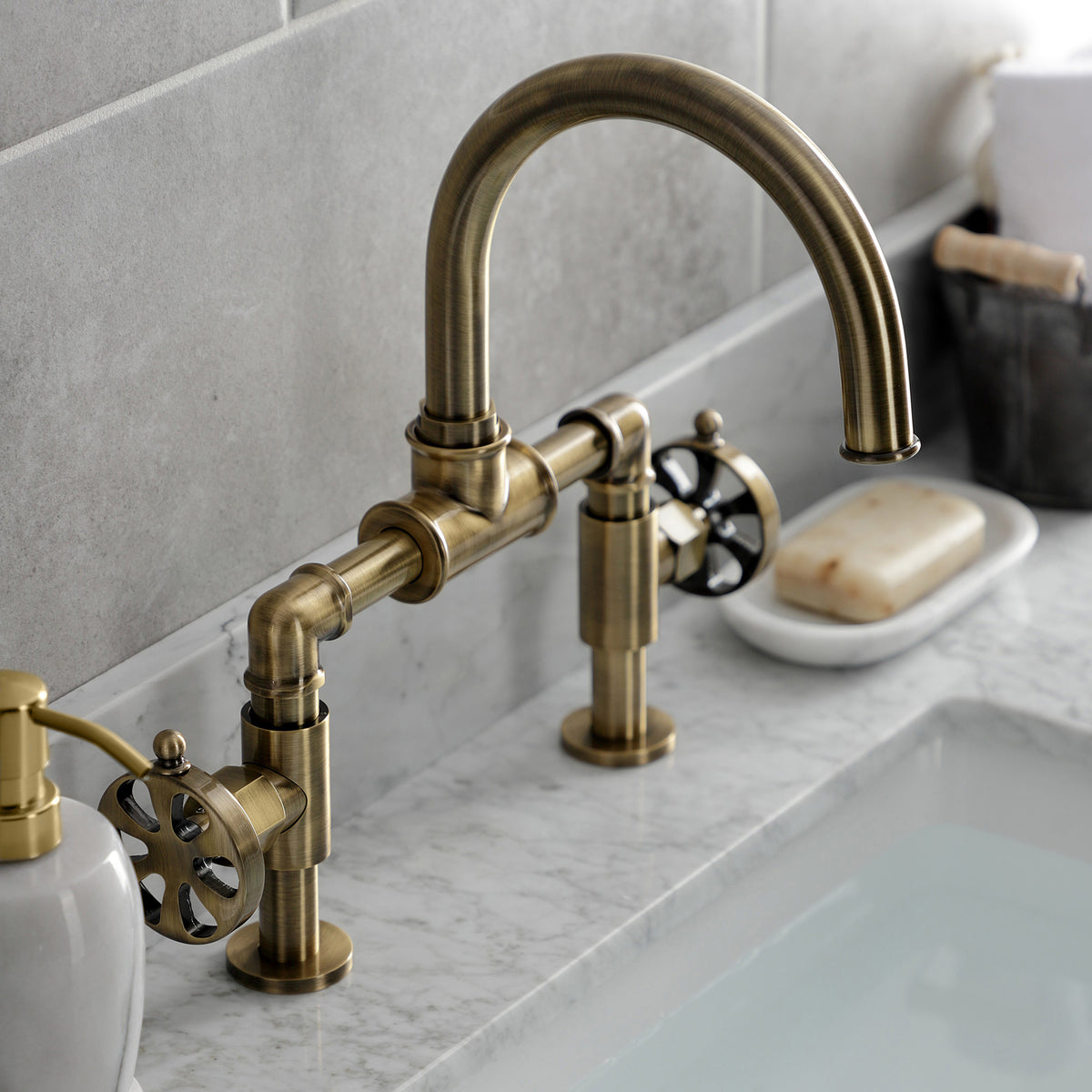 Kingston Brass KS217RXVN Belknap Industrial Style Wheel Handle Bridge Bathroom Faucet with Pop-Up Drain