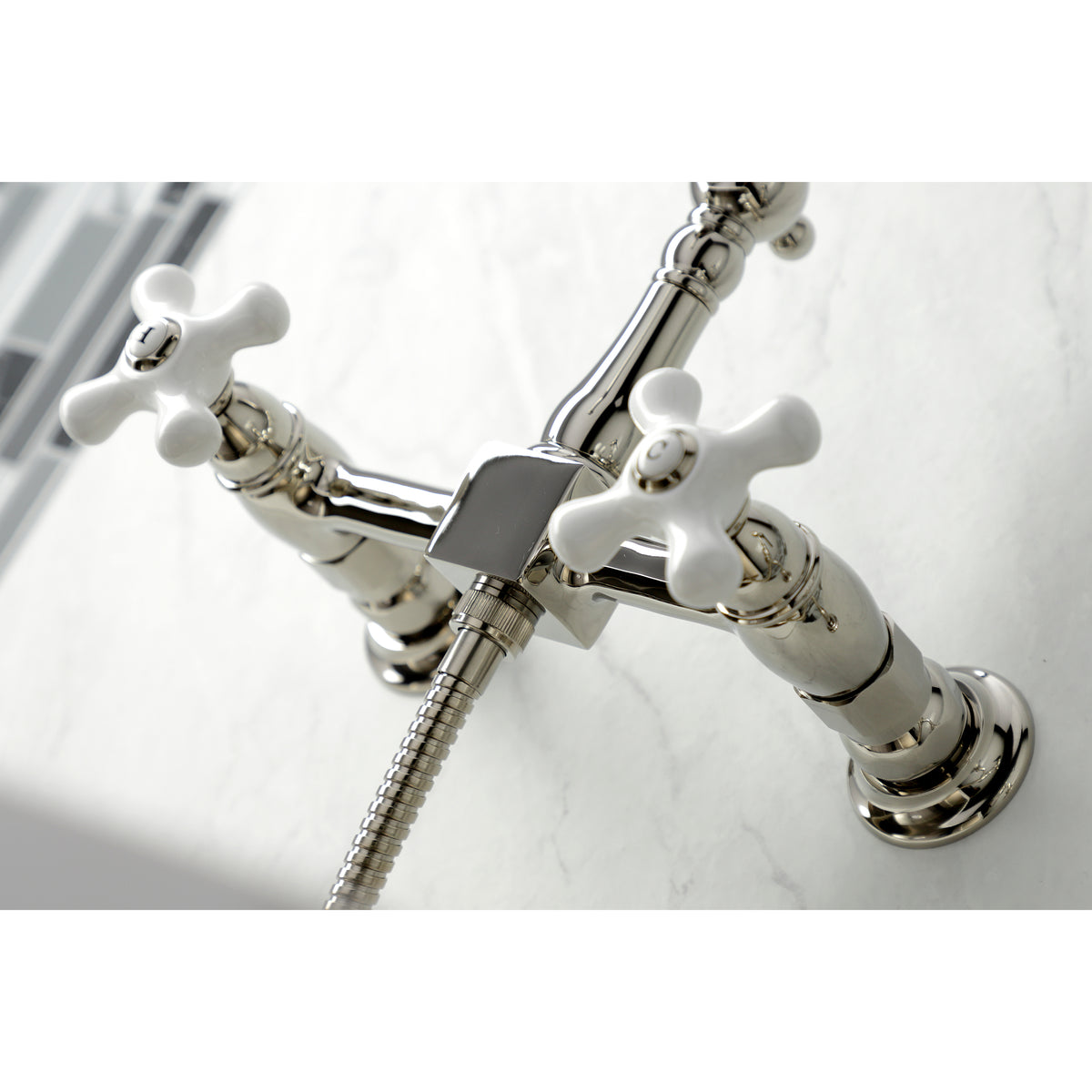 Kingston Brass KS1242PXBS Heritage Wall Mount Bridge Kitchen Faucet with Brass Spray