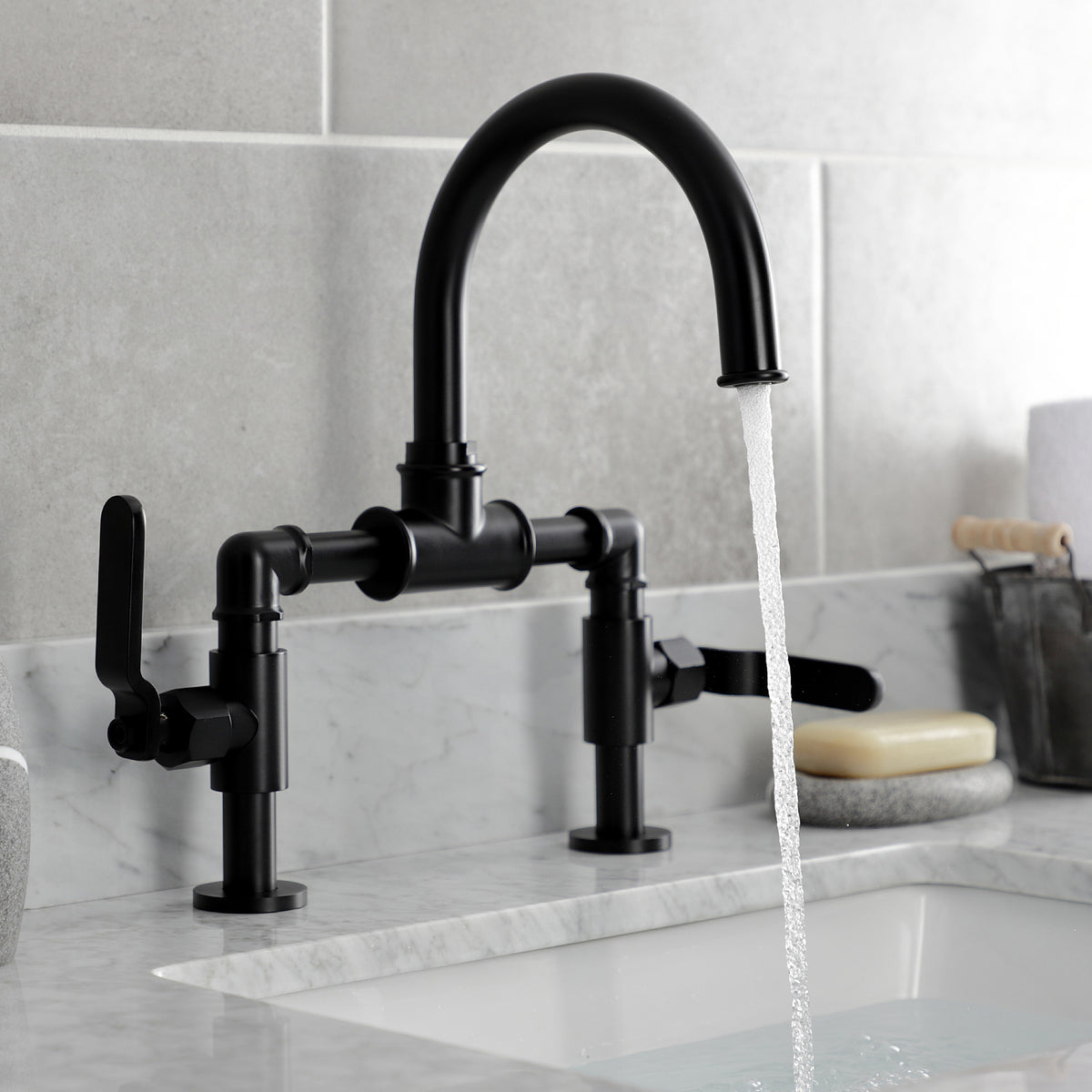 Kingston Brass KS2171KL Whitaker Industrial Style Bridge Bathroom Faucet with Pop-Up Drain