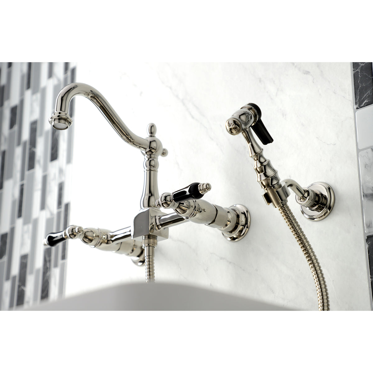 Kingston Brass KS1262PKLBS Duchess Wall Mount Bridge Kitchen Faucet with Brass Sprayer