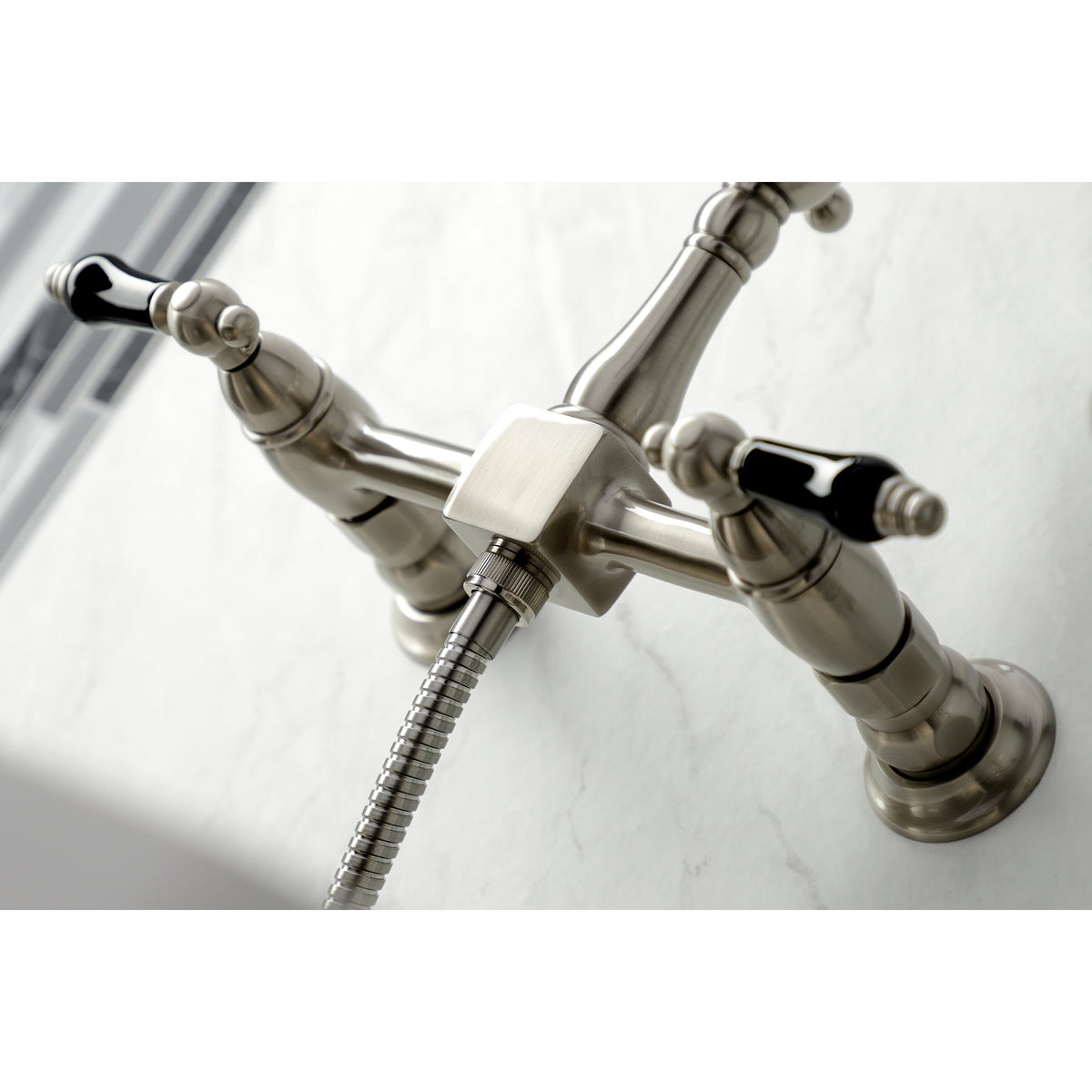 Kingston Brass KS1262PKLBS Duchess Wall Mount Bridge Kitchen Faucet with Brass Sprayer