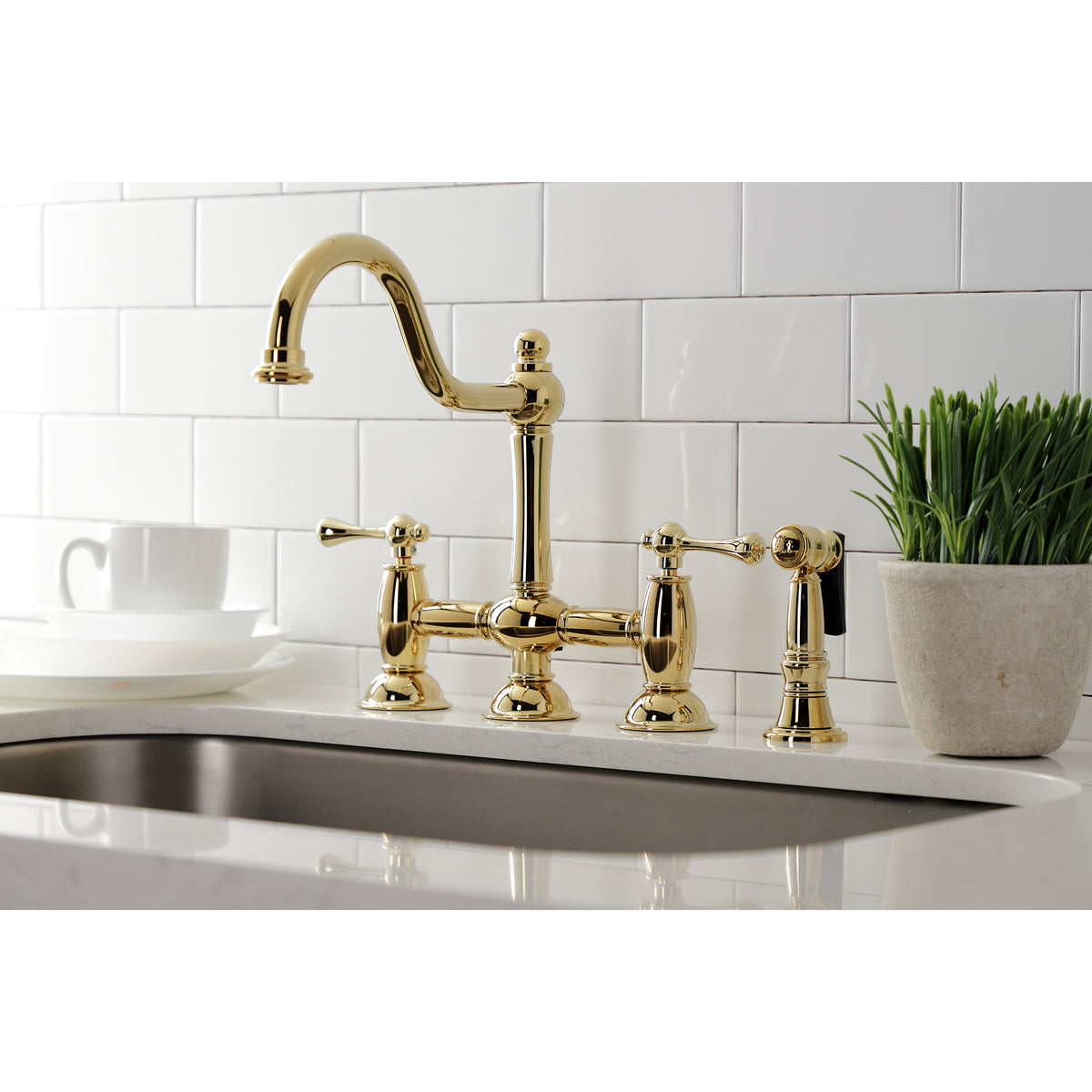 Kingston Brass KS3791BLBS Restoration Bridge Kitchen Faucet with Brass Sprayer