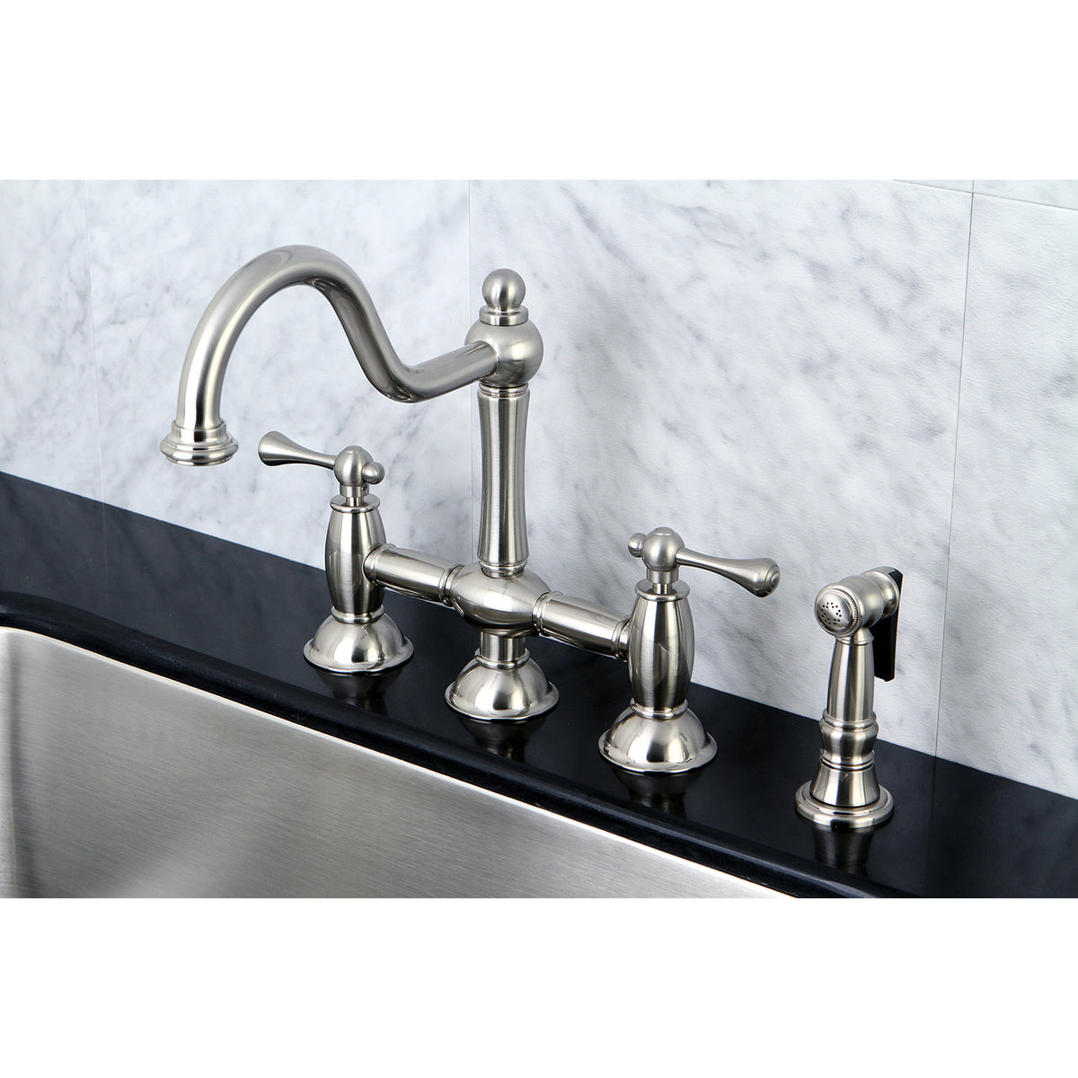 Kingston Brass KS3791BLBS Restoration Bridge Kitchen Faucet with Brass Sprayer